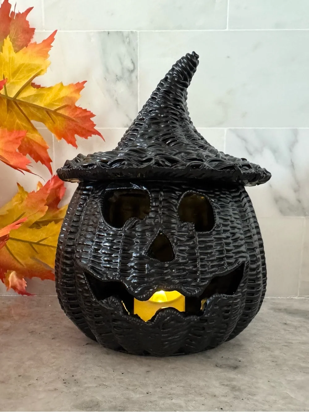 New Halloween RESIN Faux Wicker Black Jack-o'-Lantern Pumpkin w/ Tea Light - 7”